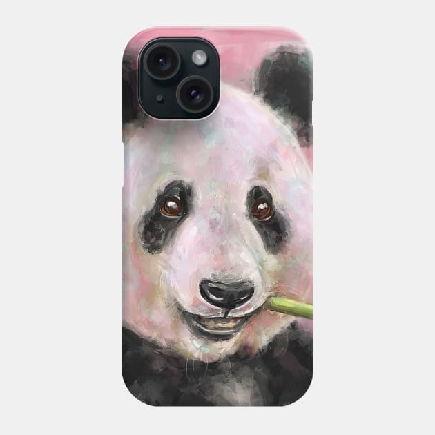 Painting of a Cute Panda Bear Chewing a Bamboo on Pink Background Phone Case by ibadishi