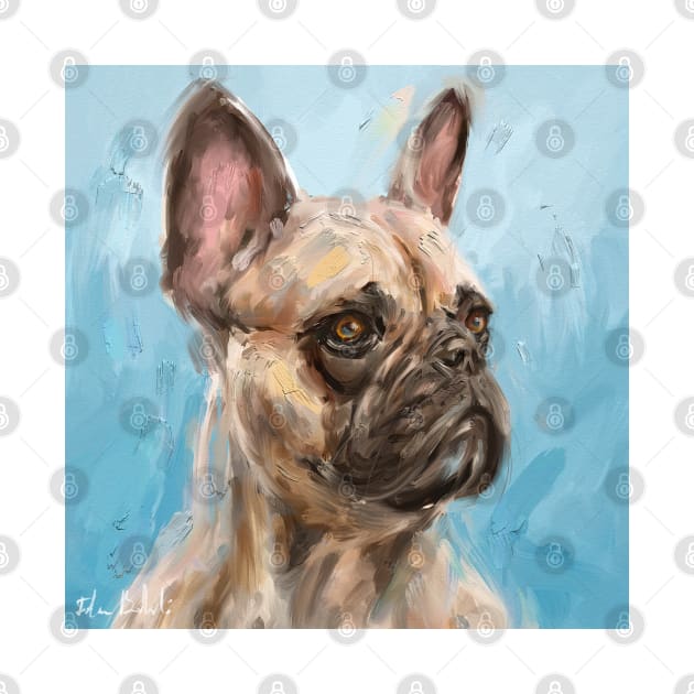 Loose Thick Oil Painting of a French Bulldog on Light Blue Background by ibadishi