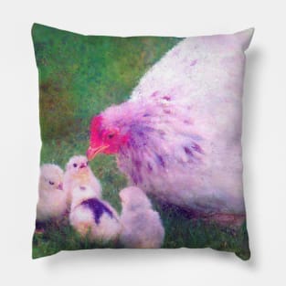 Mama Hen with Chicks Impressionist Painting Pillow