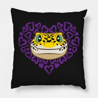 Leopard Gecko Smiling on Purple Heart Pillow