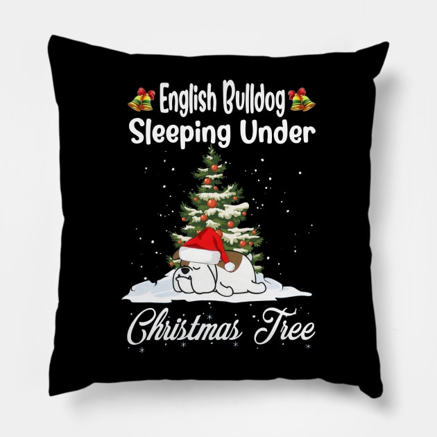 English Bulldog Sleeping Under Christmas Tree Funny Xmas Pillow by PlumleelaurineArt