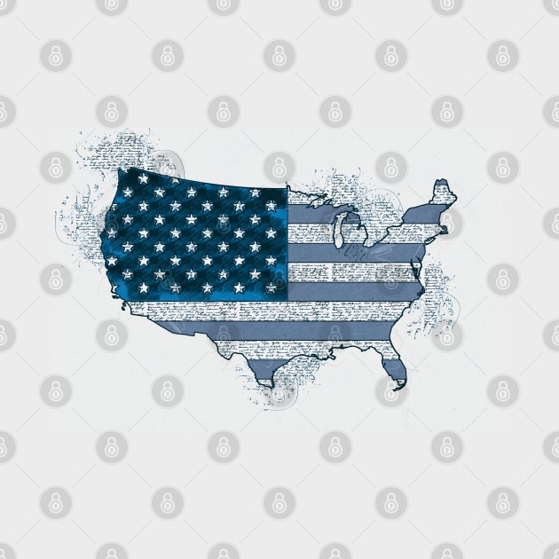 Vintage USA Map with American Flag Blue Abstract by Naumovski