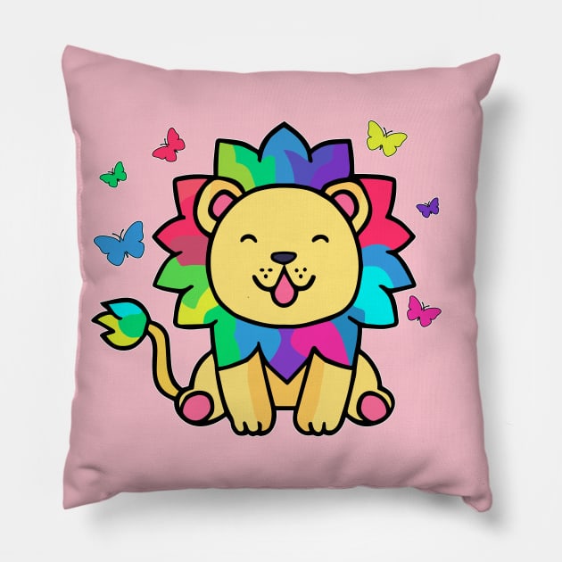 Happy smiling lion with butterflies. Kawaii cartoon Pillow by SPJE Illustration Photography