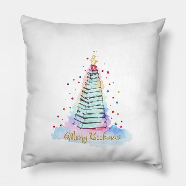 Merry Bookmas Christmas book tree with coffe cup Pillow by Wolshebnaja