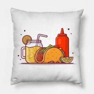 Taco Mexican Food with Lemonade and Ketchup Cartoon Vector Icon Illustration Pillow