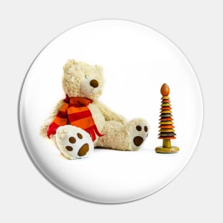 Fluffy teddy bear with red scarf and wooden ring stacker Pin