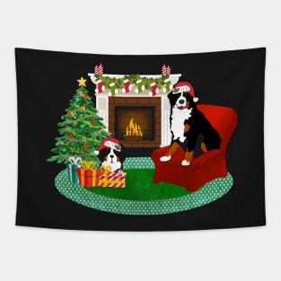 Bernese Mountain Dogs Waiting For Santa Tapestry