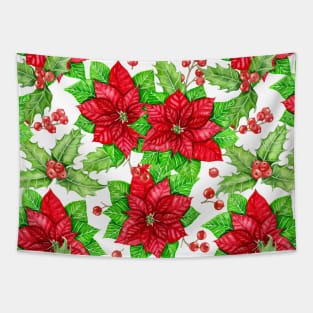 Poinsettia and holly berry watercolor Christmas pattern Tapestry