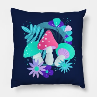 Turquoise and pink mushrooms and flowers Pillow