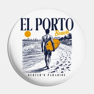 Vintage Surfing El Porto Beach, California // Retro Surfer Sketch // Surfer's Paradise Pin