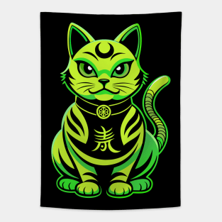 Vibrant green japanese maneki neko cat Tapestry