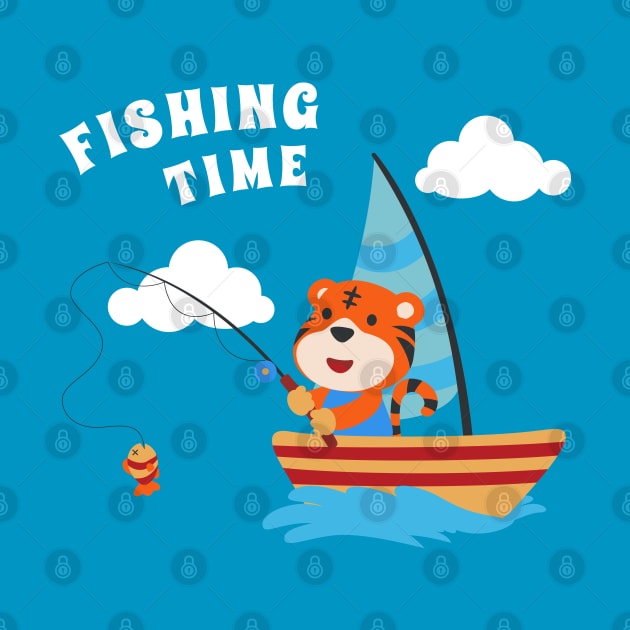 Vector cartoon illustration of cute tiger fishing on sailboat with cartoon style. by KIDS APPAREL