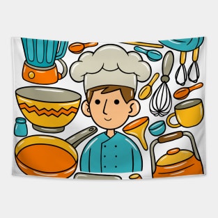 Man Chef Kawaii Doodle Tapestry