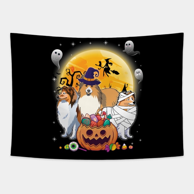 Sheltie Dog Mummy Witch Moon Ghosts Happy Halloween Thanksgiving Merry Christmas Day Tapestry by joandraelliot