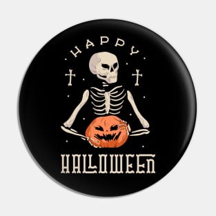 Happy Halloween Skeleton With Jack O' Lantern Pin