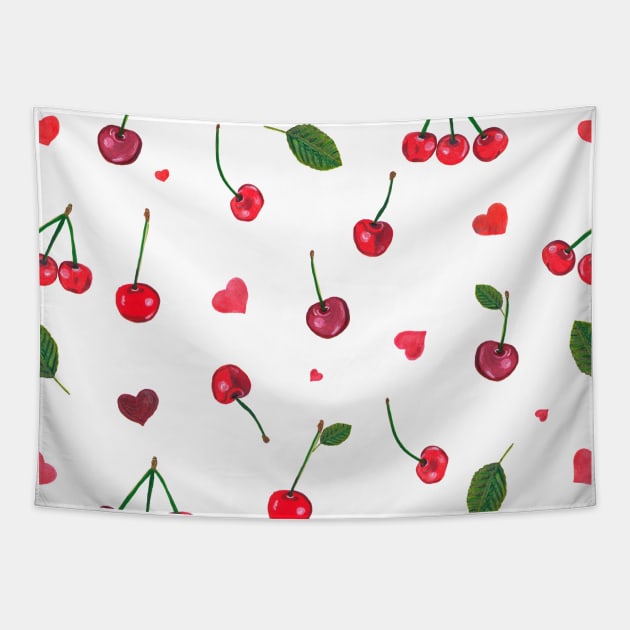 Cherries and red hearts Tapestry by GULSENGUNEL