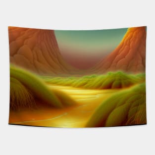 Digital Painting Of a Lush Wet Natural Scene On yellow Mountains Tapestry