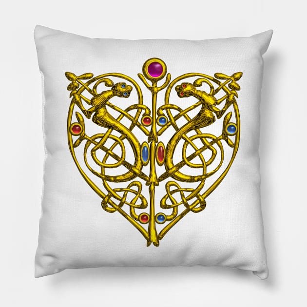 HYPER VALENTINE / GOLD CELTIC KNOT HEART WITH LIZARDS IN WHITE Pillow by BulganLumini