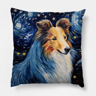 Rough Collie portrait painted in Starry Night style Pillow