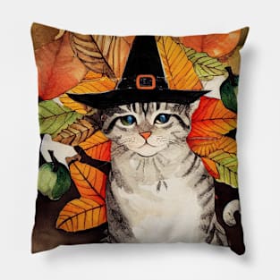 Cat in witch hat Halloween Pillow