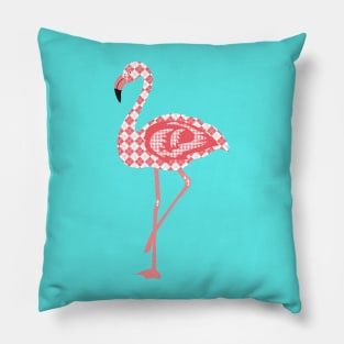 Fashionista Pink and White Argyle Pattern Flamingo on Blue Background Pillow