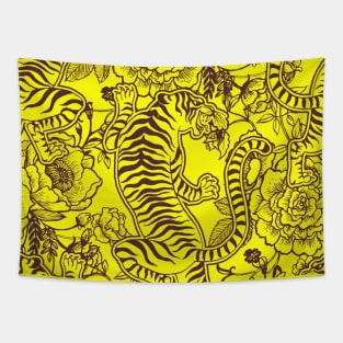 Chinese Tiger Vintage Pattern Sunshine Yellow - Retro Hong Kong Print Tapestry