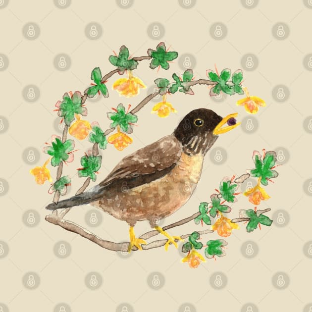 Beautiful wild thrush (bird) in watercolor for nature lovers by agus.cami