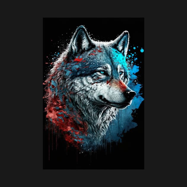 Mean Wolf portrait with teal and red glow by KoolArtDistrict