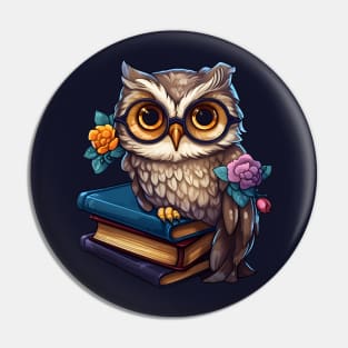 Owl with books studying floral Pin