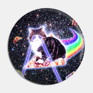 Laser Eyes Space Cat Riding Rainbow Pizza Pin