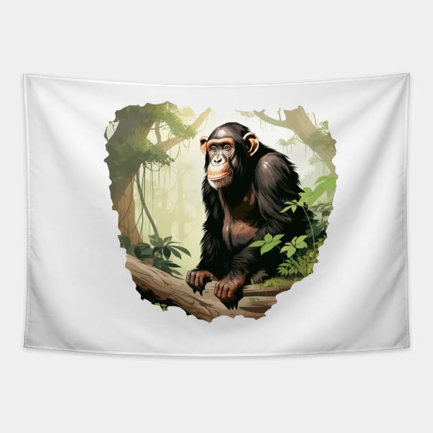 Cute Chimpanzee In Jungle Tapestry by zooleisurelife