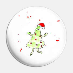 Christmas tree in Santa Claus hat,  xmas, holiday. Watercolor illustration on a winter theme, congratulations Pin