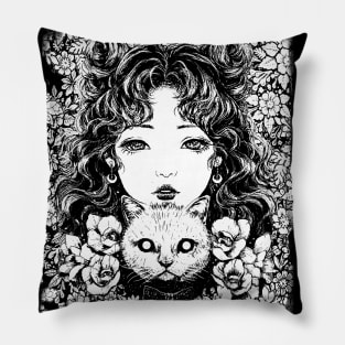 Manga Cat Lover Girl Creepy Drawing - Dark manga art Emo Pillow