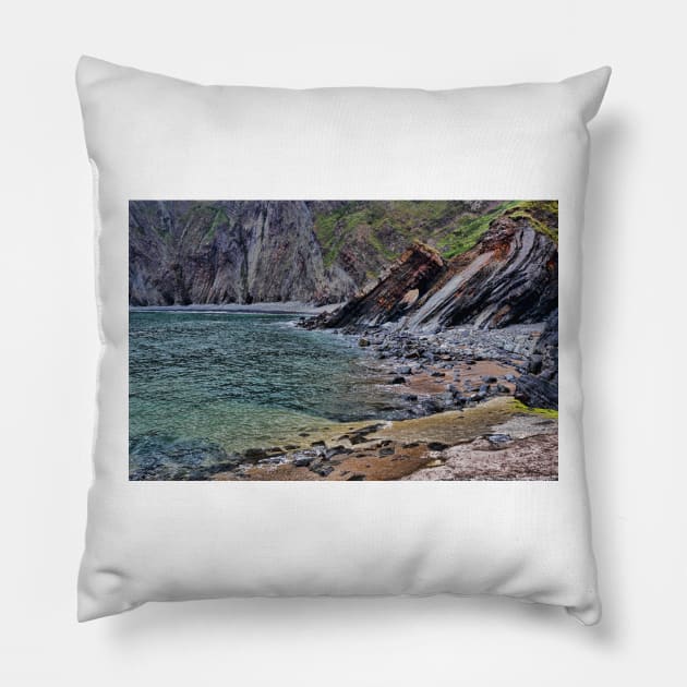 Hartland Quay Cliff Face Devon Pillow by avrilharris