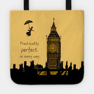 Mary Poppins Practically Perfect in Every Way Linocut on Yellow Tote