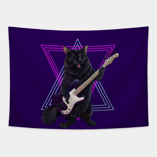 Cat playing bass guitar Tapestry by Mehu Art