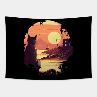 Cat Watching Sunset Tapestry