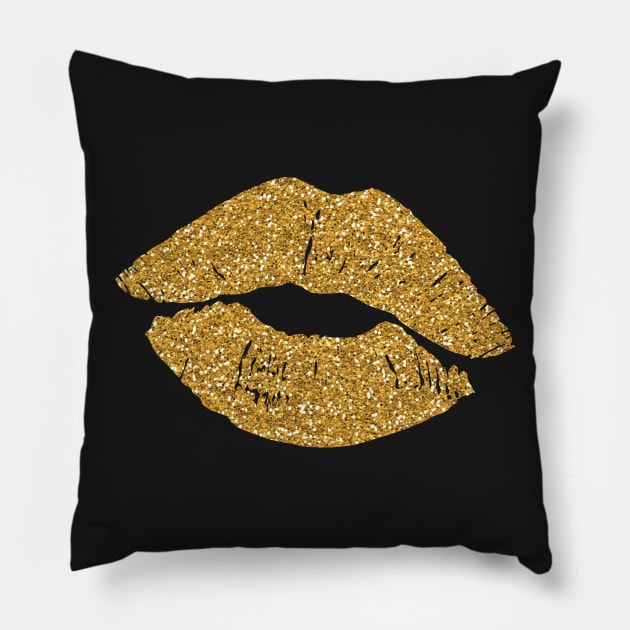 Gold Glittery Lips Pillow by TNMGRAPHICS