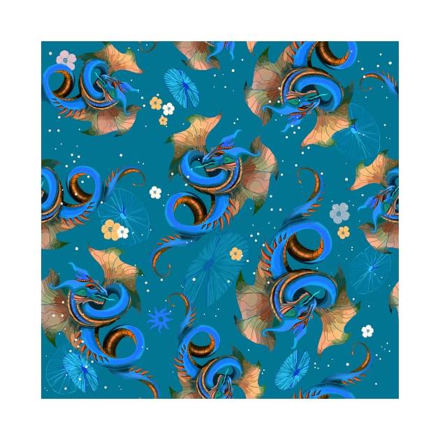 Blue Chinese Dragon Pattern by Renee Ciufo Illustration