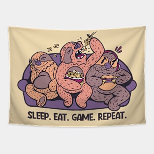 Sleep Eat Game Repeat // Funny Cartoon Sloths on the Couch Tapestry