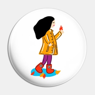 Lovely Autumn Girl With Rain Coat, Boots And Fall Leaves (Light Skin Tone) Pin