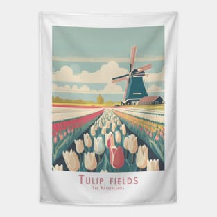 Vintage Retro Dutch Windmill and Tulip Fields Tapestry