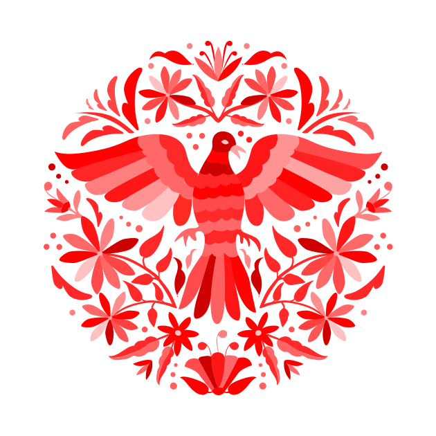 Flying Bird - Mexican Otomí Stamp Design in Red Shades by Akbaly by Akbaly