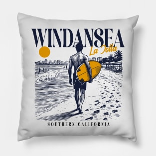 Vintage Surfing Windansea, La Jolla, California // Retro Surfer Sketch // Surfer's Paradise Pillow