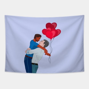 Male Couple Hugging While Holding Heart Shaped Balloons Tapestry