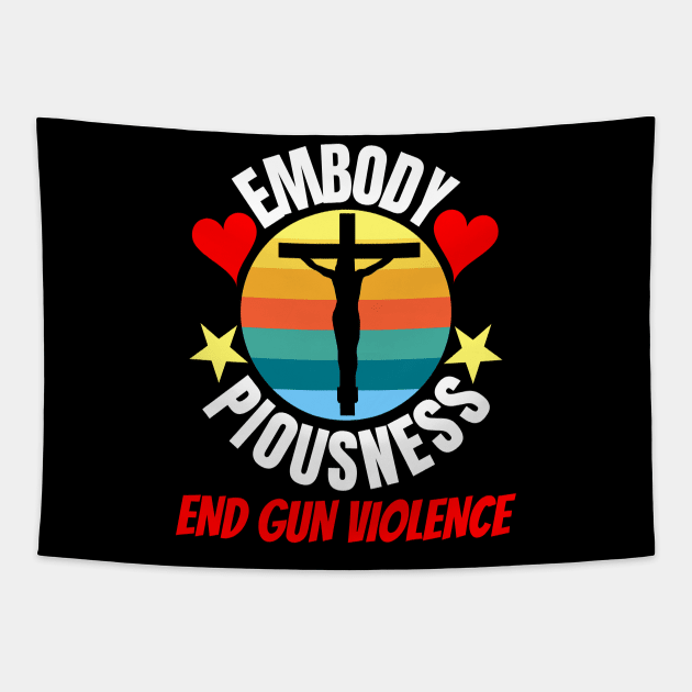 Embody Piousness End Gun Violence Retro Sunset Christian Cross Religious Tapestry by shywolf