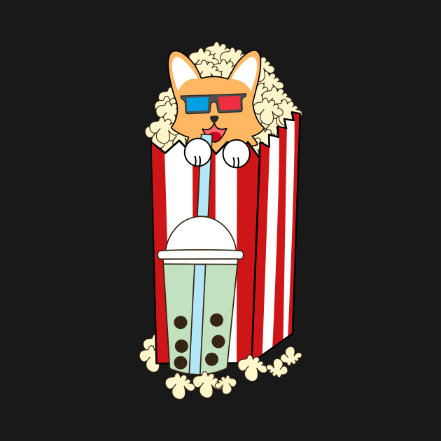 Corgi dog in popcorn bucket watching 3D movies and drinking bubble boba tea by Ralph Hovsepian