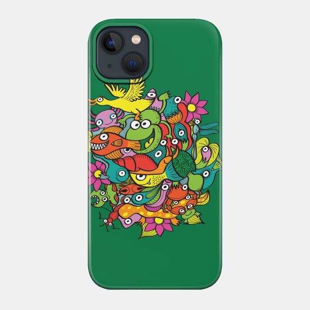 A funny crowd of colorful creatures living in a pond - Pond Biodiversity - Phone Case