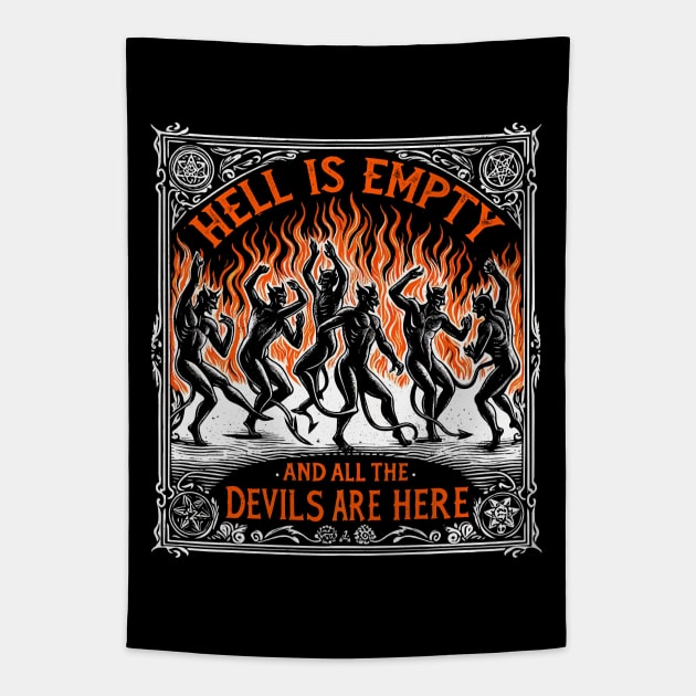 Shakespeare Quote - Vintage Theatre - Devil Woodcut Tapestry by QuirkyInk