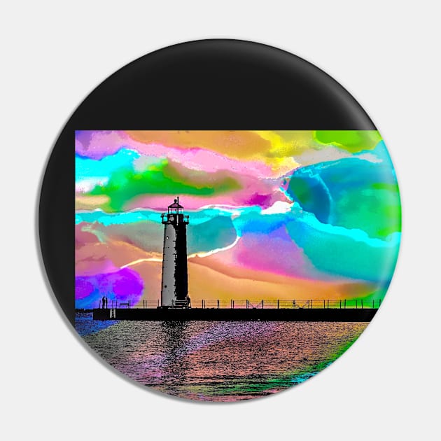 Watercolor Sunset at Muskegon South Pier Lighthouse Pin by Colette22